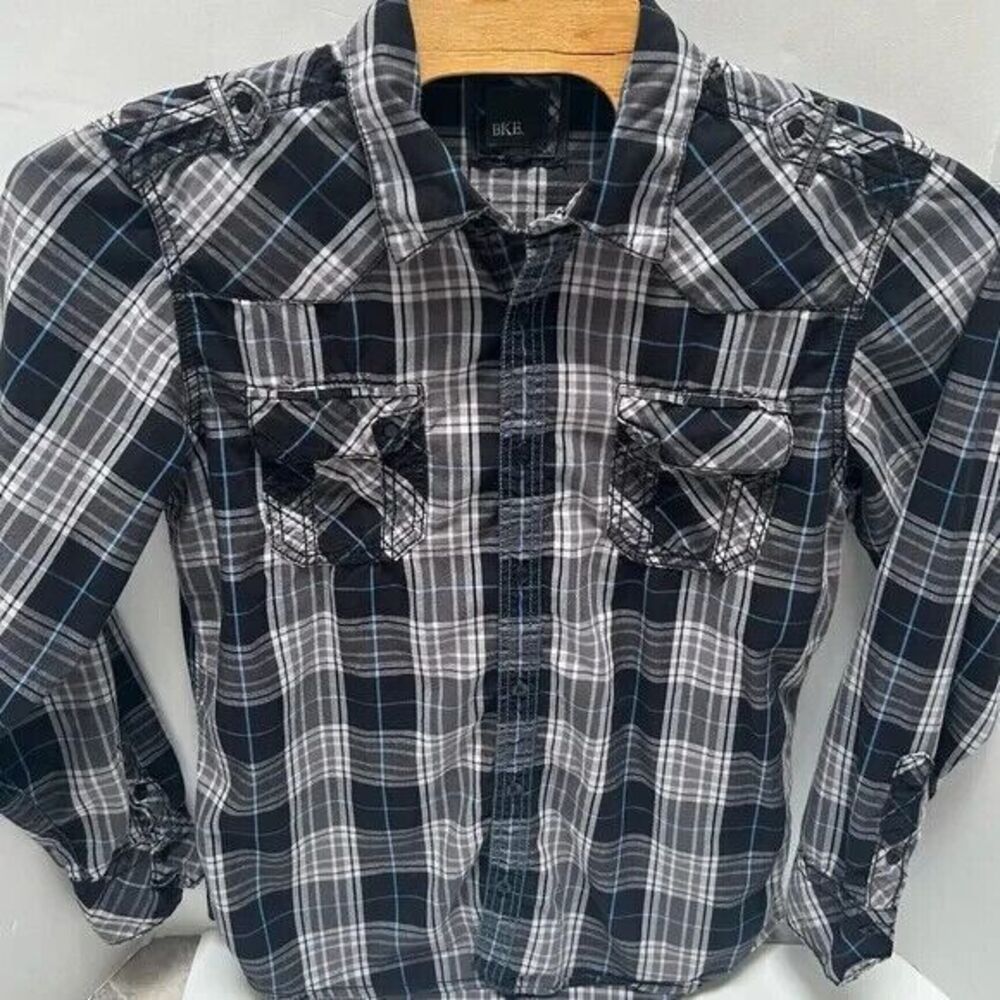 BKE Slim‎ Fit Black Plaid Cotton Long Sleeved Shirt Size XL